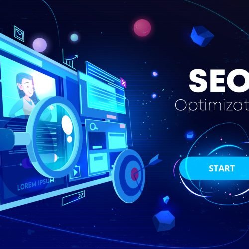 Seo optimization banner, marketing business technology, monitor with data analysis platform on screen, website research, neon glowing futuristic background. Cartoon vector illustration, landing page